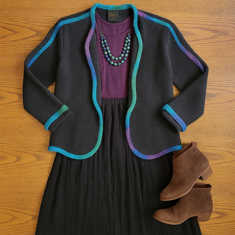 VTG Candiss Cole Bouclé Art-to-Wear Jacket XP Petite Black w/Rainbow Trim